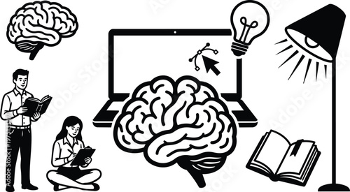 Black and white line art brain laptop lightbulb book readers with desk lamp and cursor