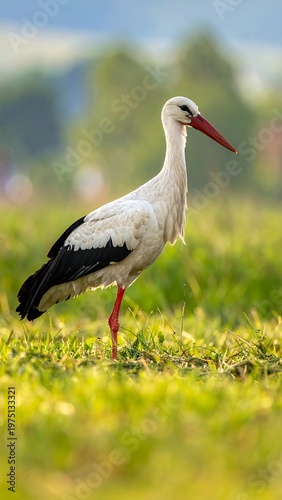 A white bird with black wingtips and a red beak stands in a green field with soft-focus background, golden sunlight