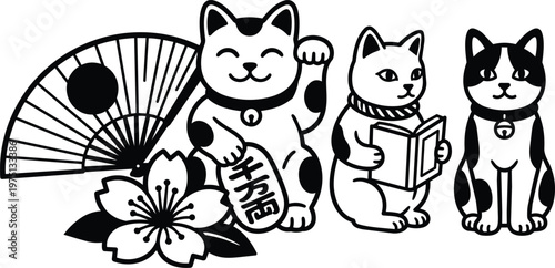 Black and white maneki neko trio with sakura fan coin and reading cat
