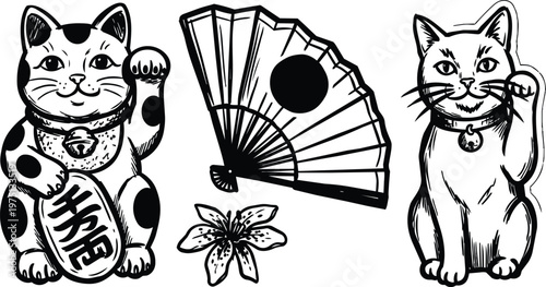 Black and white line art maneki neko cat pair with folding fan and lily