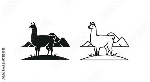 Llamas In Mountain Terrain: Stylish Silhouette Designs Vector