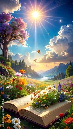A vibrant, sunny landscape with a blossoming tree, blooming flowers, a book, and a flowing river under a bright sky