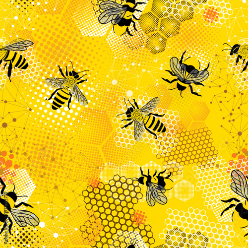 Seamless pattern with honeycombs and bees design. Hand drawn. Not AI, vector illustration.