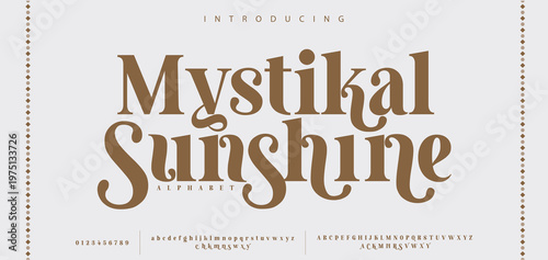 Mystikal Sunshine Beauty Luxury font alphabet logo. Typography beautiful fashion elegant classic letters serif italic fonts decorative wedding vintage retro logos. vector illustration