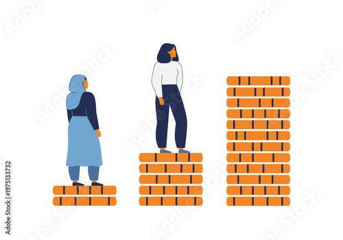 The impossibility of high earnings for women. The income gap and the wage gap in hiring female employees. Low financial and social rating of women concept. vector illustration