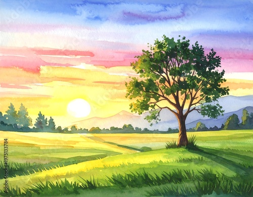 A vibrant watercolor landscape shows a bright sun setting over rolling green fields, mountains, and a large tree