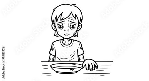 Sad children with empty plates depicting hunger and emotional distress