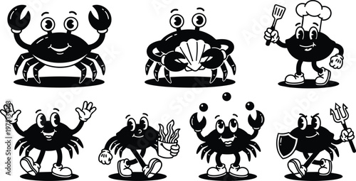 Black and white cartoon crabs with chef spatula shield and shell playful poses