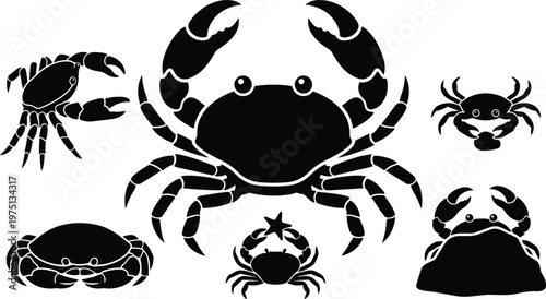 Black and white crab silhouettes six unique poses vector art set