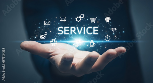 Human hand presenting a glowing 'service' concept with digital icons representing modern customer solutions and support.