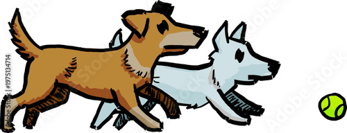 Running dogs doodle, hand drawn colored pair of pet chasing a ball in fast motion. Energetic running dogs doodle illustration with movement lines.
