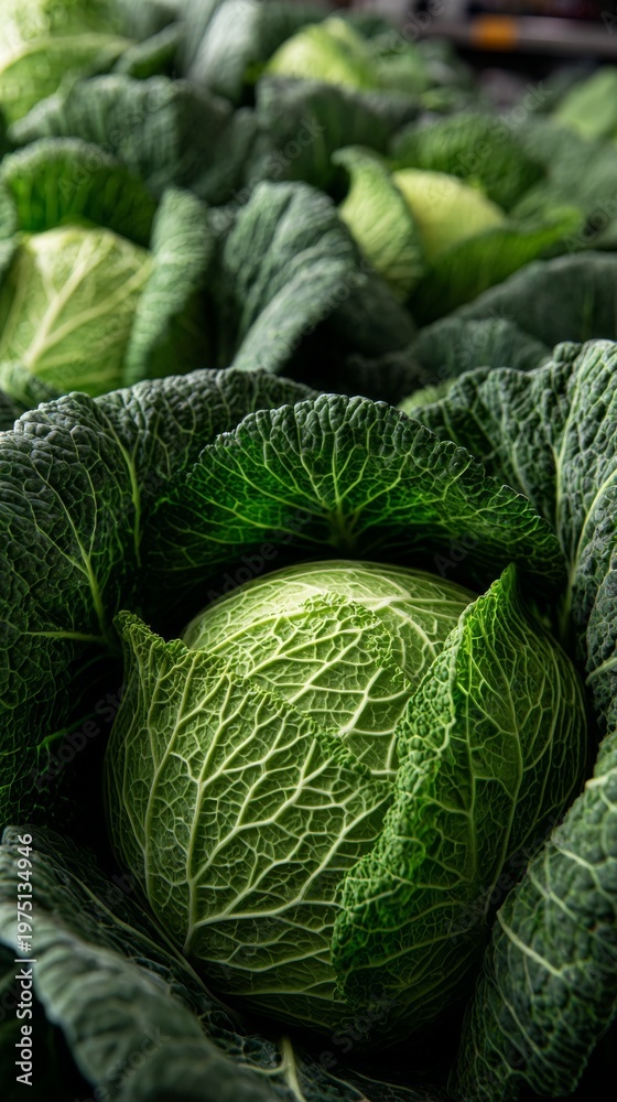 Fototapeta premium Fresh green cabbage with vibrant, textured leaves in a market setting.