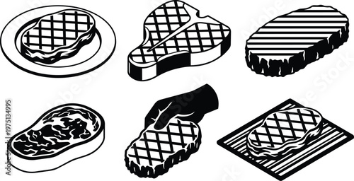 Black and white vector steak set with crosshatch grill marks plate cutting board and hand
