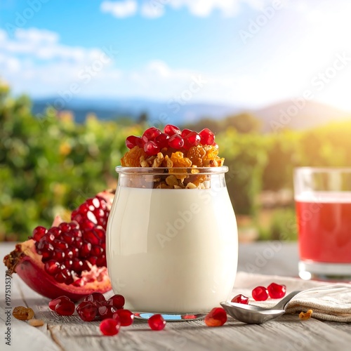 A vibrant shot of a parfait in a glass jar, filled with creamy white layers topped with granola and pomegranate. A glass of juice and fruit