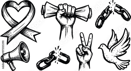 Black and white hand drawn protest symbols set heart ribbon raised fist with rolled paper dove peace sign
