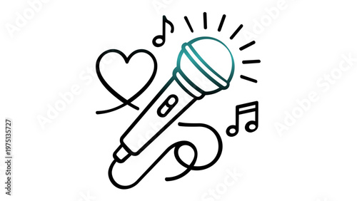 Karaoke microphone vector icon illustration featuring a heart and musical notes. Minimalist line art design perfect for singing, music performance, celebration parties, and vocal hobbies. Scalable