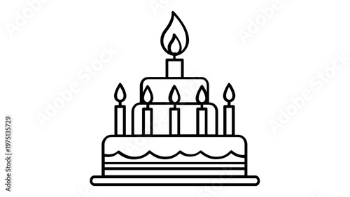 Minimalist tiered birthday cake vector icon illustration with lit candles, perfect for celebration, anniversary, or party events. Scalable flat line art design for graphic resources and web UI.