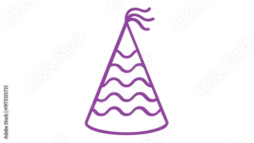 Purple party hat line icon vector illustration. Minimalist cone-shaped birthday hat with wavy patterns and tassels. Scalable flat design for celebration, events, anniversaries, and holiday decor.