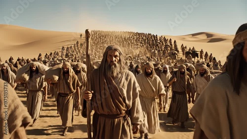 Moses leading the Israelite people through the desert during the Exodus, a dramatic pilgrimage scene with a staff-bearing leader guiding a vast procession across dunes