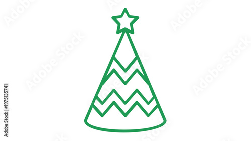 Green line art party hat vector icon with a star on top and zigzag pattern, minimalist illustration for birthday celebrations, festive events, and holiday parties, scalable graphic design.