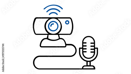 Vector icon illustration of a webcam and microphone for streaming, content creation, and online video conferencing. Minimalist line art design for digital broadcasting and podcasting equipment.