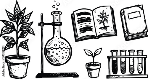 Hand drawn black and white botanical science icons potted plant flask open book test tubes