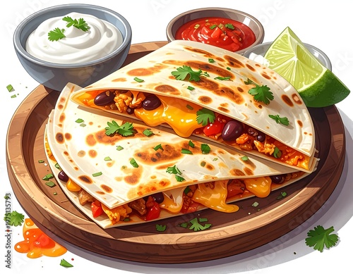 A vibrant shot of a quesadilla cut open on a wooden plate, surrounded by dips and a lime wedge. The melted cheese is gooey