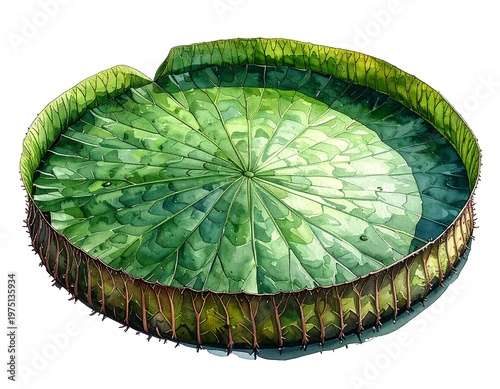 A vibrant watercolor painting depicts a giant lily pad with intricate veining and a raised, textured rim, set against a white backdrop