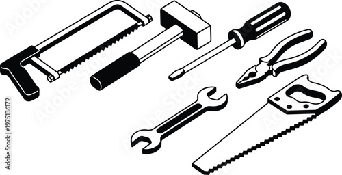 Black and white vector line art hand tools set with hacksaw handsaw hammer screwdriver pliers wrench