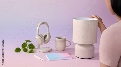 Smart Home Desk Setup with Speaker Lamp Headphones and Woman Hand