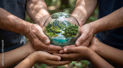 Εκτύπωση καμβά A group of people holding a crystal ball with a scenic landscape inside, symboli