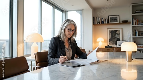 Mature businesswoman with gray hair reviewing documents at modern office desk with warm lighting and city view windows for corporate presentations.