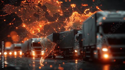 Smart digital Innovation Container truck in ship port for business Logistics and transportation of Container Cargo ship and Cargo plane with working crane bridge with world map
