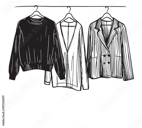 Hand drawn wardrobe sketch. Woman clothes on the hanger