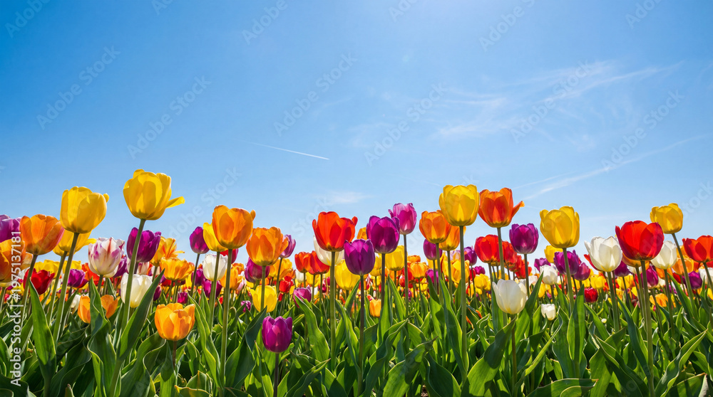 Obraz premium Vibrant multicolored tulips in a lush green field under a clear blue sky on a sunny day with wispy clouds