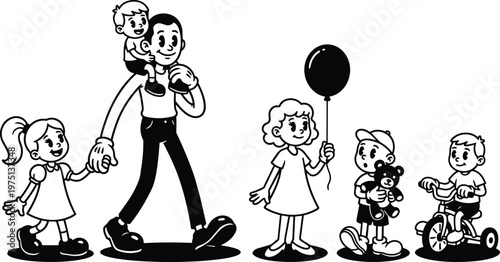 Black and white line art father walking with four children holding balloon teddy and tricycle