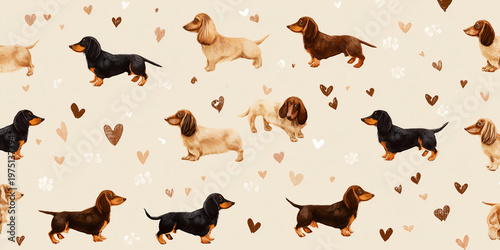 A seamless pattern of various dachshunds with hearts, a charming and heartwarming design. These dogs are presented in different colors and positions, creating an adorable, love-filled repeat