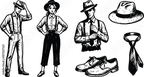 Black and white line art vintage mens and womens 1920s style clothes hats and shoes