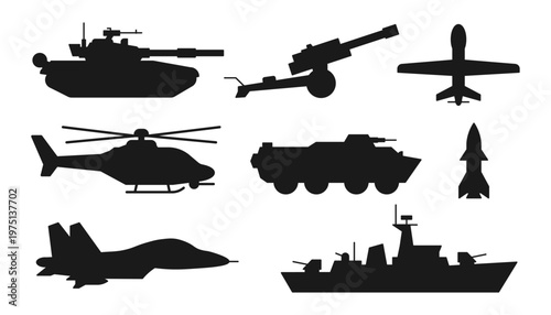 Military Vehicles and War Machinery Silhouettes Vector Set