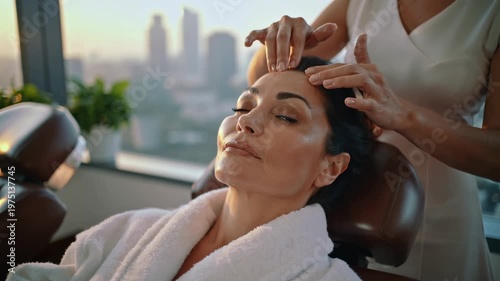 A serene woman enjoys a relaxing facial massage in a spa setting with a city view.