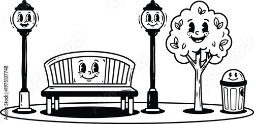 Black and white smiling bench tree and streetlamps in park vector line art