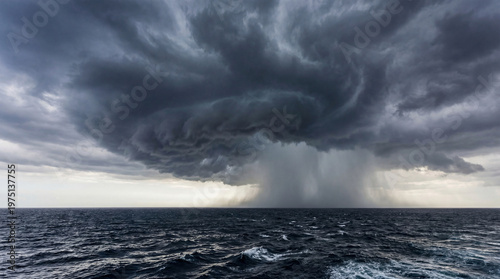 Foto Dark stormy clouds gather over the ocean with rough waves and rain in the distan