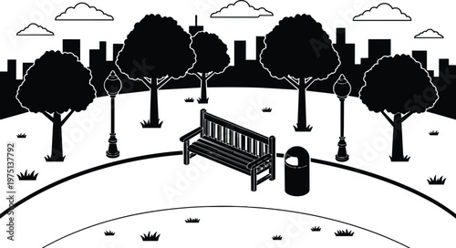 Black and white slatted bench with trash can and lamp posts in city park skyline