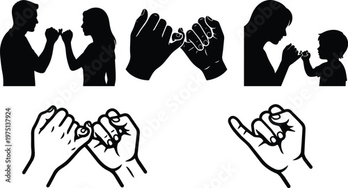 Pinky promise silhouette and line art hands linking fingers close up