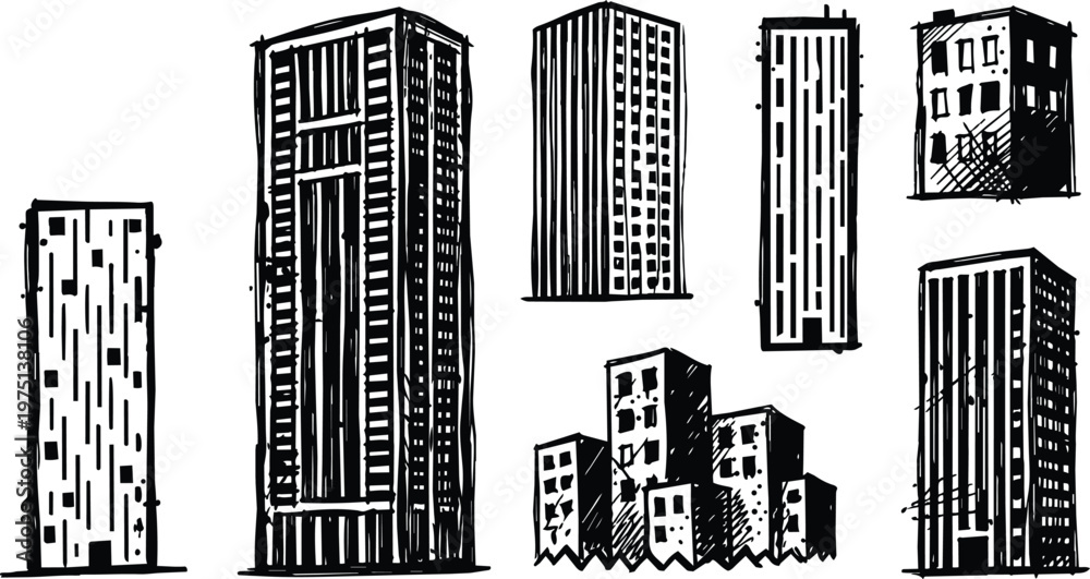 Obraz premium Black and white sketched skyscraper and apartment building collection line art urban skyline elements