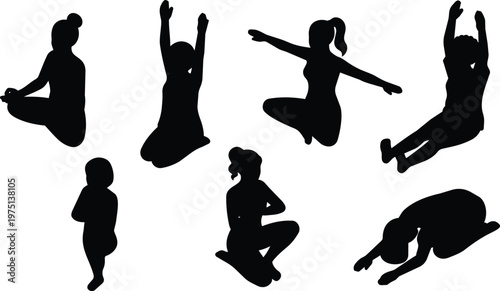 Black silhouette yoga and meditation poses set with jumping stretching kneeling figures