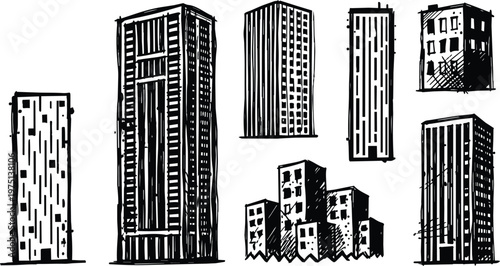 Black and white sketched skyscraper and apartment building collection line art urban skyline elements