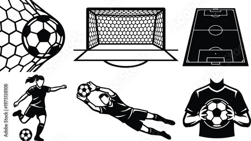 Black and white soccer icons set featuring ball in net goal pitch players and goalkeeper