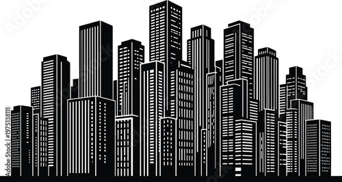 Black and white city skyline vector with stacked skyscrapers and vertical windows silhouette