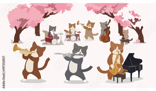 Whimsical Cat Band Performing Music Beneath Pink Sakura Trees Vector Illustration